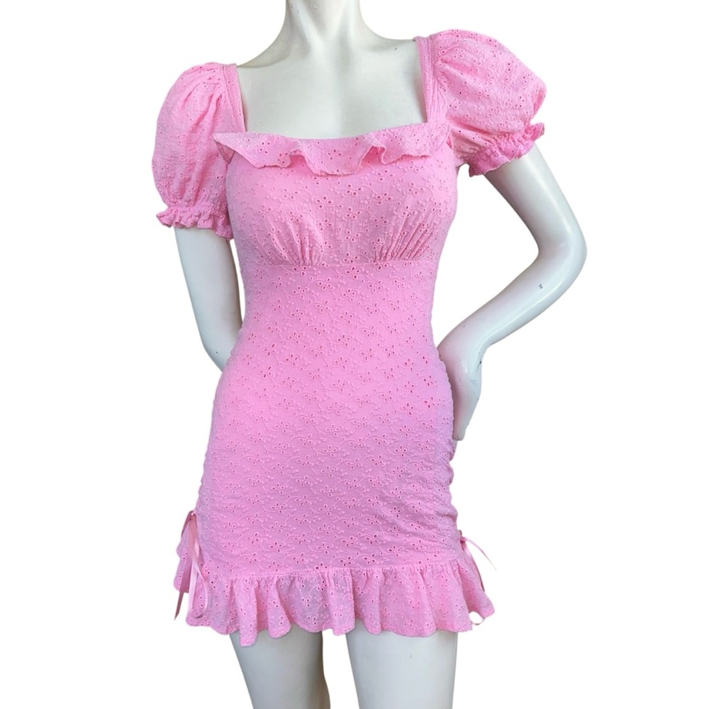 Current Mood Baby Pink Milkmaid Eyelet Puff Sleeve Micro Mini Dress Size XS